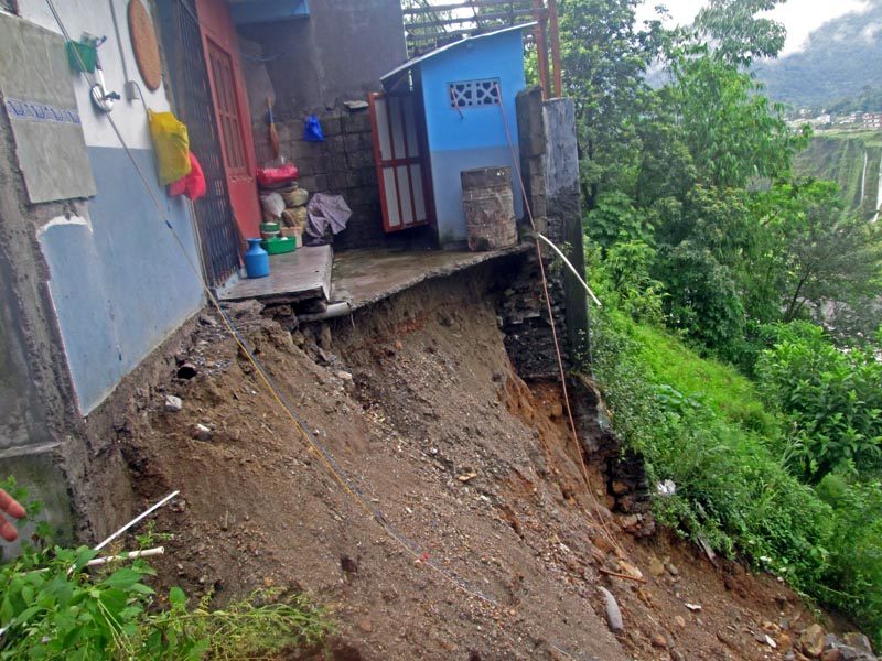 The kitchen area of the house owned by Hari Paudel, that was swept away by the landslide along with his wife Shova Paudel, beside Seti River, in Lamachaur, of Pokhara Lekhnath Metropolitan City-19, on Sunday, July 02, 2017.