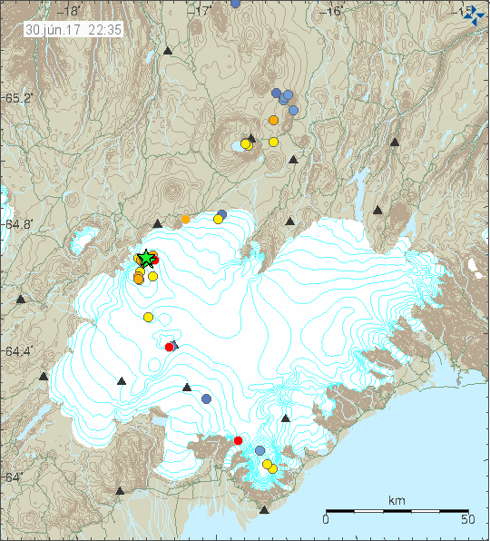 Click to enlarge The earthquake activity in Bárðarbunga volcano.