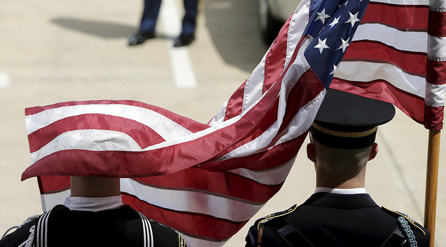 soldiers and flag