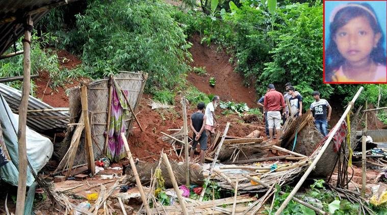 People at relief works after a landslide in which a 7-yr-ol girl Dipeeka Barman (inset) was buried alive in the debrisa, at Panikhaiti in Kamrup district of Assam on Monday.