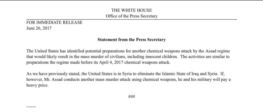 White House press release Syria chemical attack