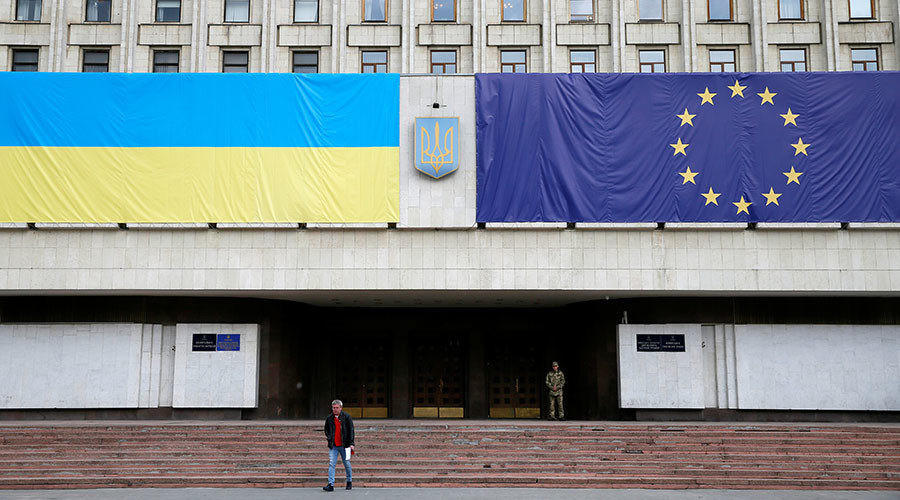 Ukraine and EU flags on Ukraine building