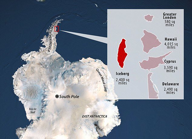 Click to enlarge The iceberg, which is expected to be dubbed 'A68', is predicted to be one of the 10 largest icebergs ever recorded. A graphic shows how the iceberg compares in size