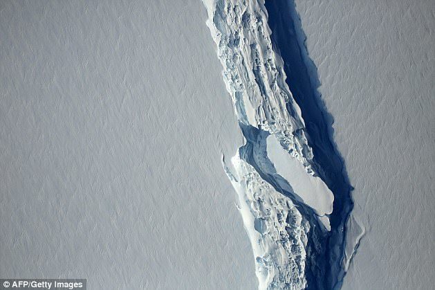 For months, a rift in the ice sheet has been expanding, until the iceberg broke off today. Pictured is the rift in the ice sheet in November 2016