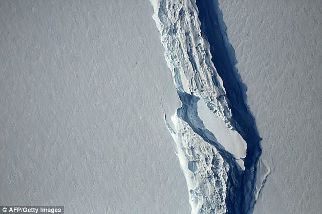 Click to enlarge For months, a rift in the ice sheet has been expanding, until the iceberg broke off today. Pictured is the rift in the ice sheet in November 2016
