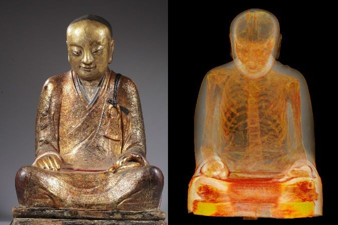 Click to enlarge The mummy of Buddhist Master Liuquan, shown inside a Buddha statue via CT scans.