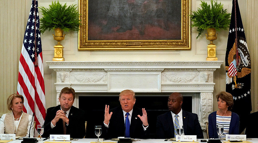 Donald Trump speaks during a lunch meeting with Senate Republicans