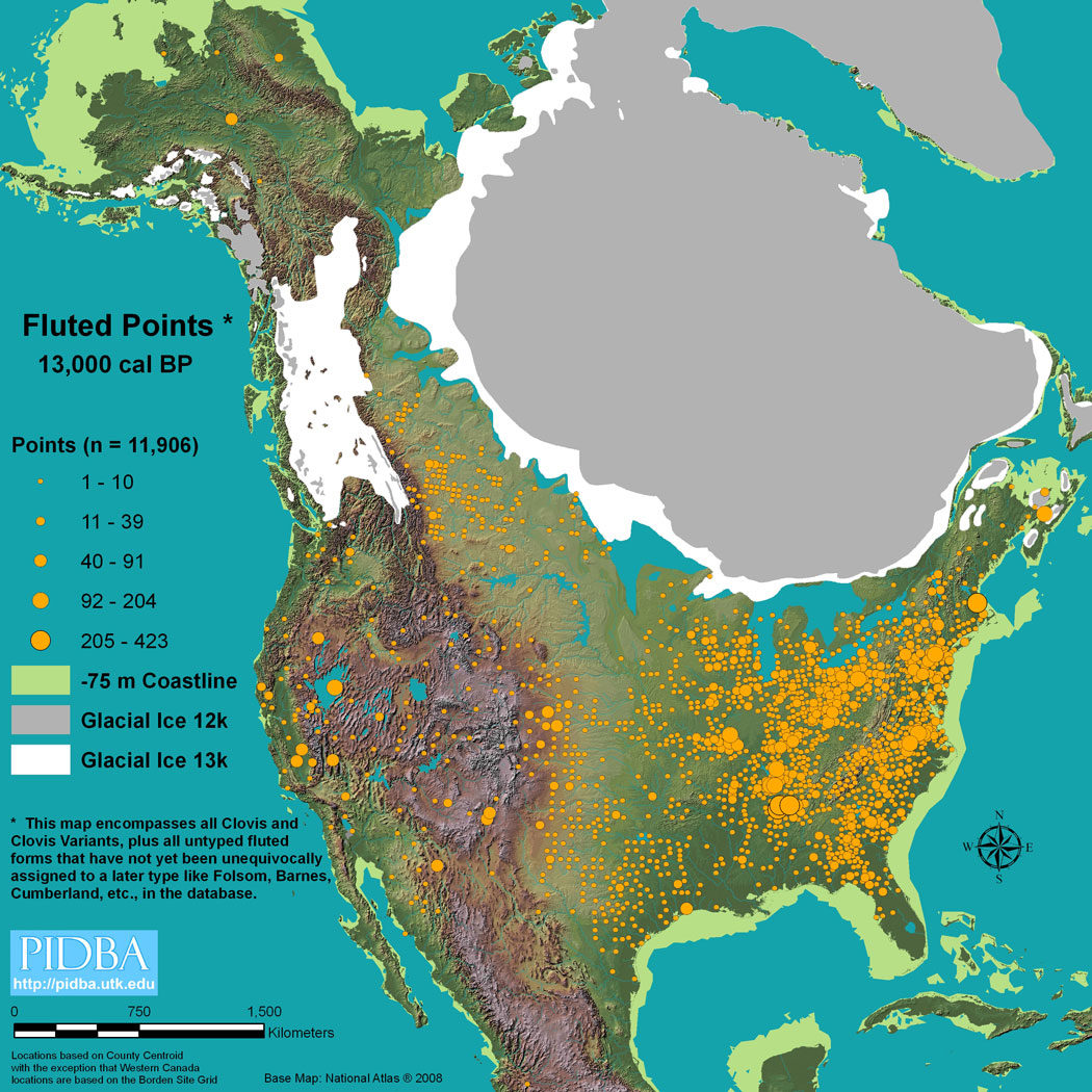 Click to enlarge Discovery sites of Clovis fluted points