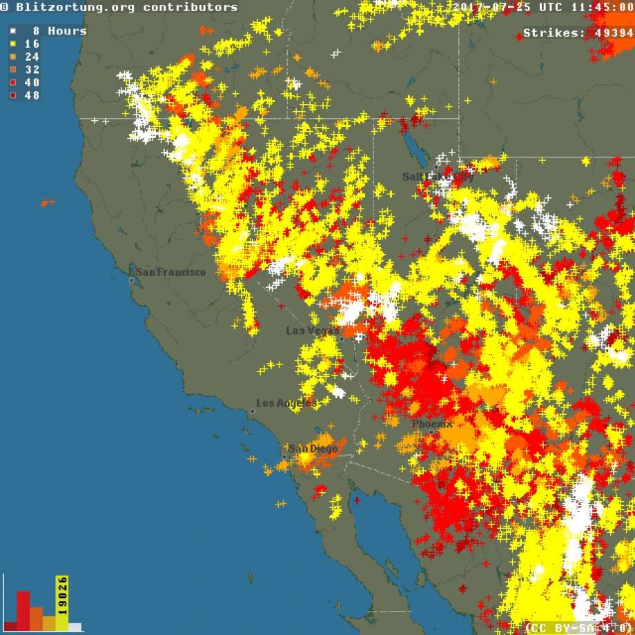 A lightning map from Blitzortung shows lightning strikes around the west from Sunday afternoon through Tuesday afternoon.