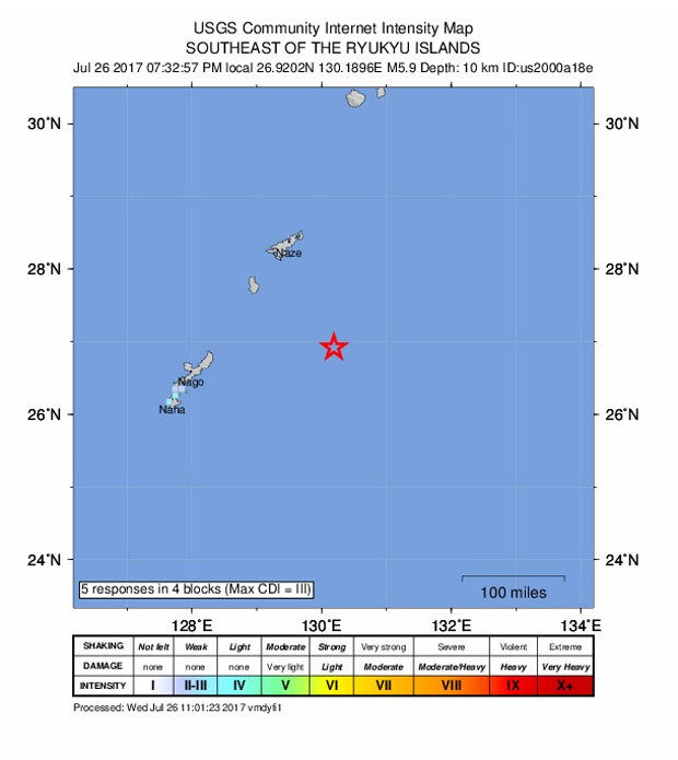 Click to enlarge A map showing the intensity of the earthquake near Okinawa