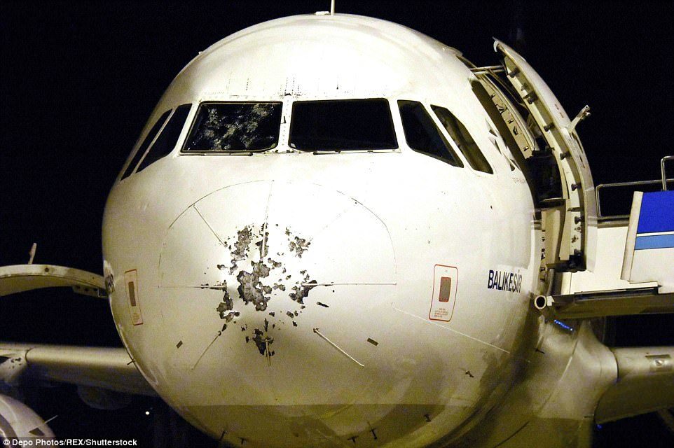 This terrifying photo shows the damage a freak storm in Istanbul inflicted on a passenger plane on a Turkish airlines jet