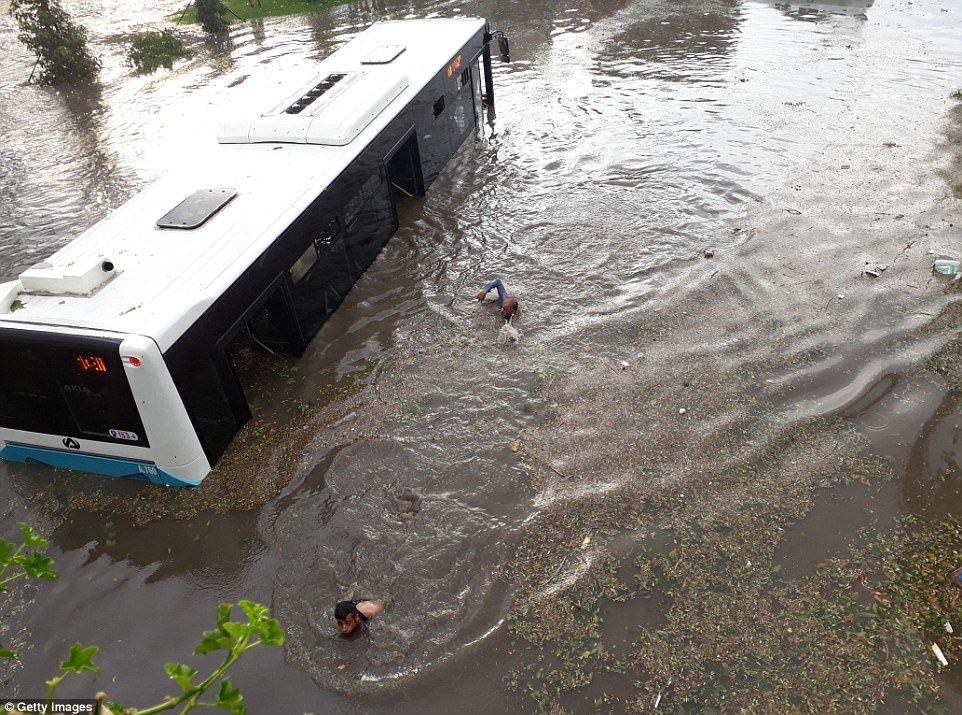Click to enlarge At least ten people were injured - two of them seriously - when a violent thunderstorm struck Istanbul, submerging buses and cars in water