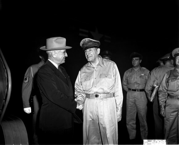 Click to enlarge Truman and MacArthur on Wake Island, 1950