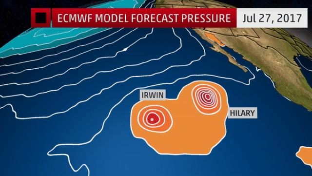 Click to enlarge Fujiwhara effect of tropical cyclones Irwin and Hilary