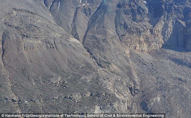 Click to enlarge According to the researchers, the scarring stretches a full kilometer up the slopes of the fjord. This can be seen on the right side of the image above