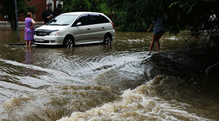 Water covers the streets of Ussuriysk, August 7, 2017