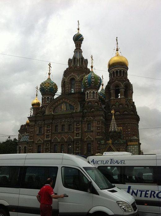 A busy tourist scene in St. Petersburg, Russia