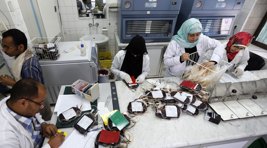 Yemeni medics work at a blood transfusion centre in the capital Sanaa