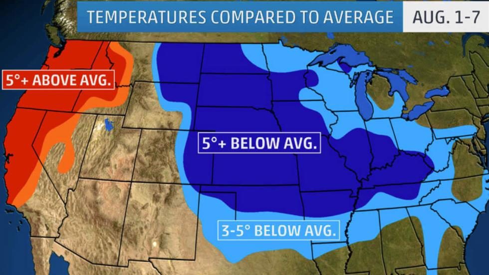 US Temperatures compared to average Aug. 1-7, 2017