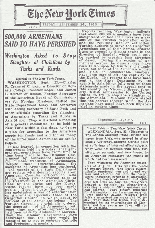 A New York Times article from 1915 addressing the mass slaughter of Christians at the hands of Turks and Kurds