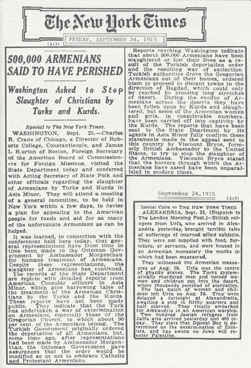 Click to enlarge A New York Times article from 1915 addressing the mass slaughter of Christians at the hands of Turks and Kurds