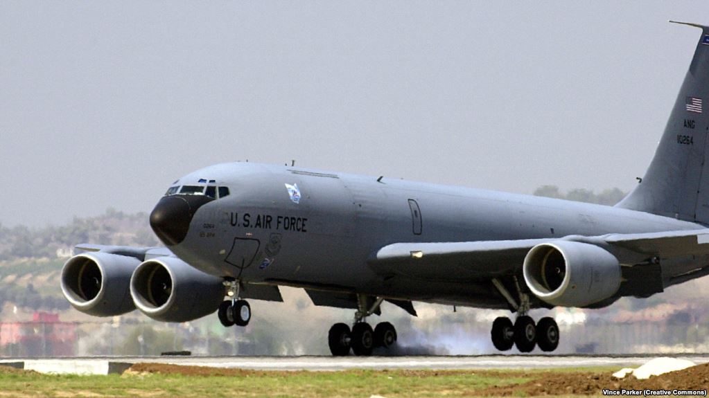 A U.S. Air Force Boeing KC-135R Stratotanker touches down on the flightline at Incirlik air base