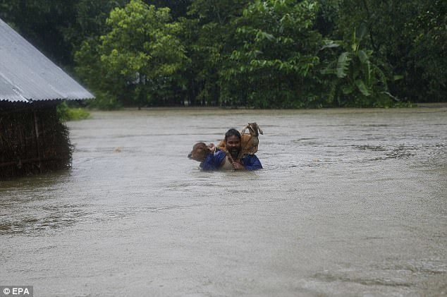 he man was seen attempting to rescue his livestock from flooding in Topa Village, Nepal