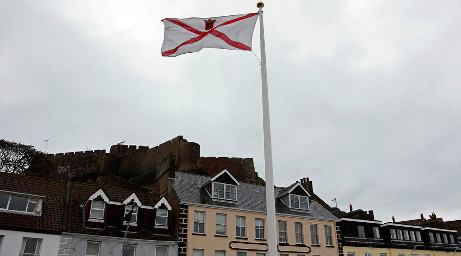 A flag of Jersey, an autonomous nation located in the Channel Islands that is subject to the UK