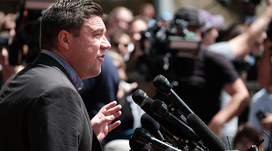 Click to enlarge Unite The Right rally organizer Jason Kessler attempts to speak at a press conference