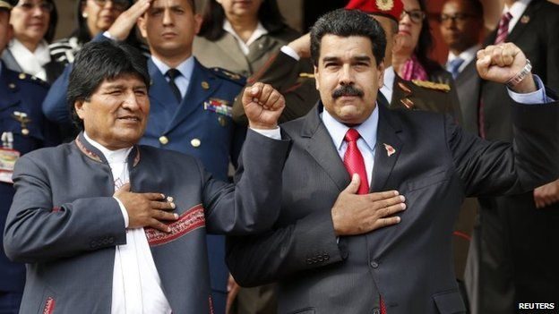 Venezuela's President Nicolas Maduro (right) and Bolivia's President Evo Morales (left)
