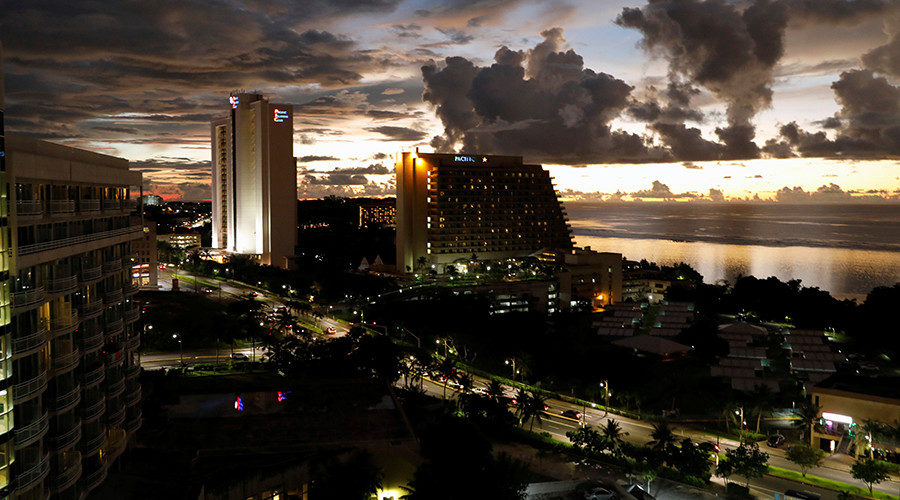 A view of Tumon tourist district at dusk on the island of Guam