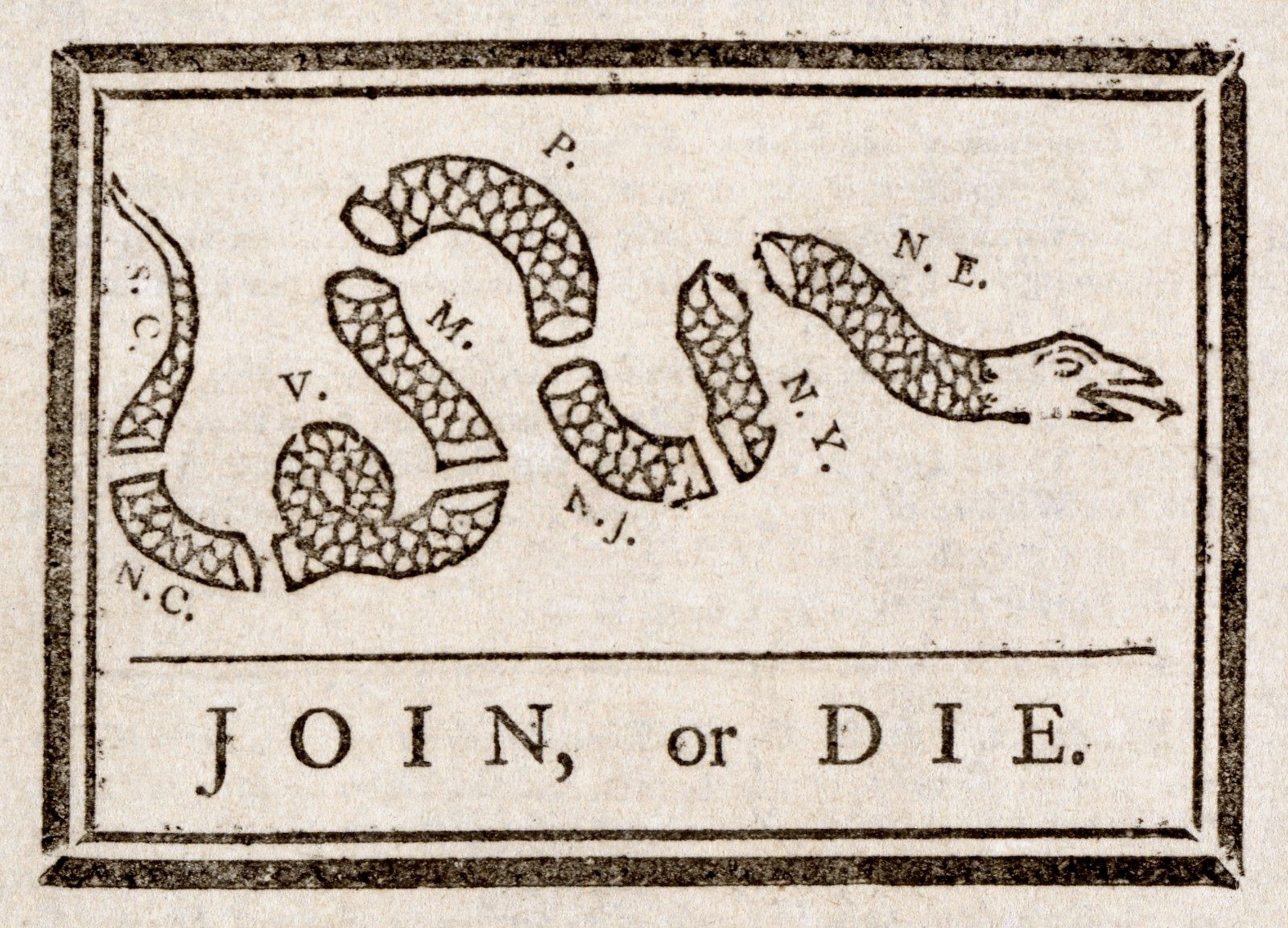 Click to enlarge Benjamin Franklin's Famous Cartoon on the need to unite the 13 original American colonies