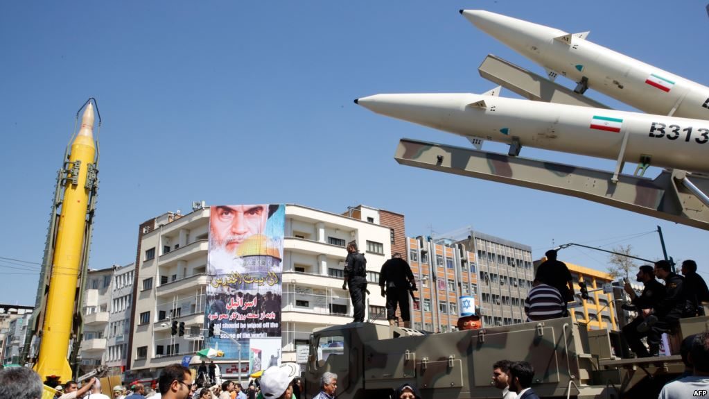 Iranian missiles are displayed during a rally marking Al-Quds (Jerusalem) Day in Tehran
