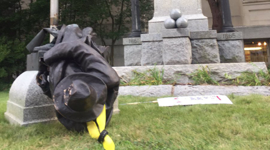 Confederate monument in Durham, North Carolina, torn down by protesters on August 15, 2017