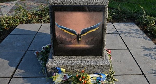 Kiev statue with video game Diablo graphic