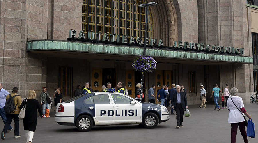 Finnish police patrol in front of the Central Railway Station, after stabbings in Turku, in Helsinki, Finland August 18, 2017