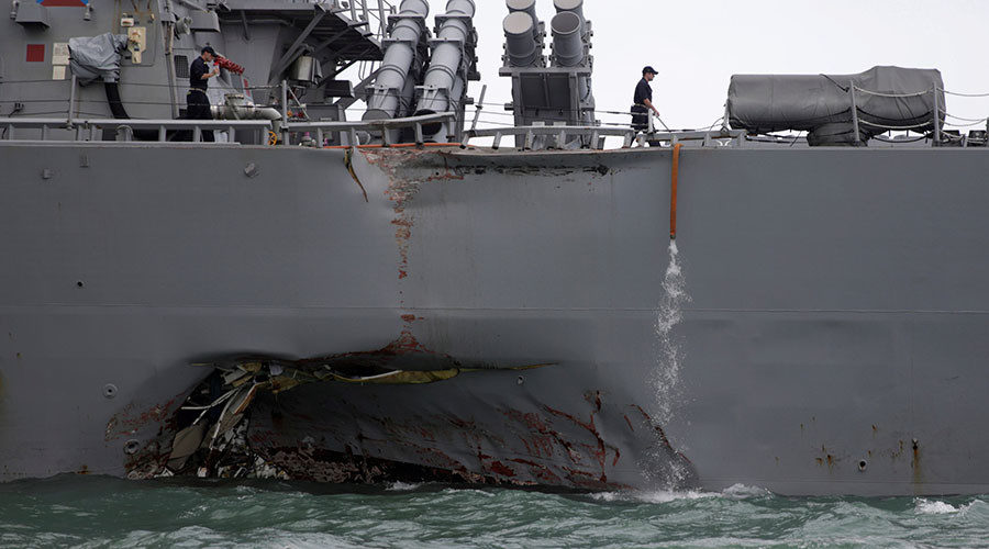 The U.S. Navy guided-missile destroyer USS John S. McCain is seen after a collision, in Singapore waters