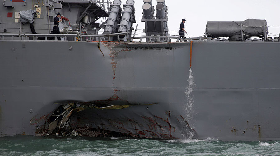 Click to enlarge The U.S. Navy guided-missile destroyer USS John S. McCain is seen after a collision, in Singapore waters
