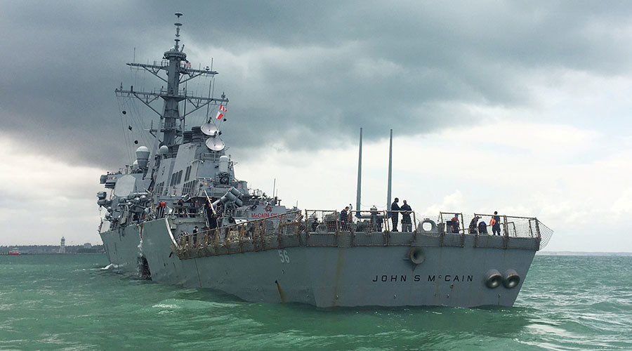 The U.S. Navy guided-missile destroyer USS John S. McCain is seen after a collision, in Singapore waters