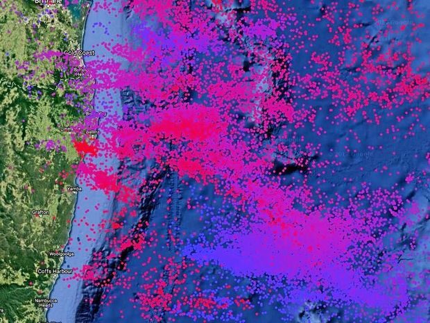 Each dot represents a lightning strike in the past 24 hours.