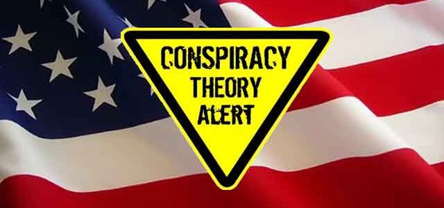Conspiracy theory sign on American flag graphic