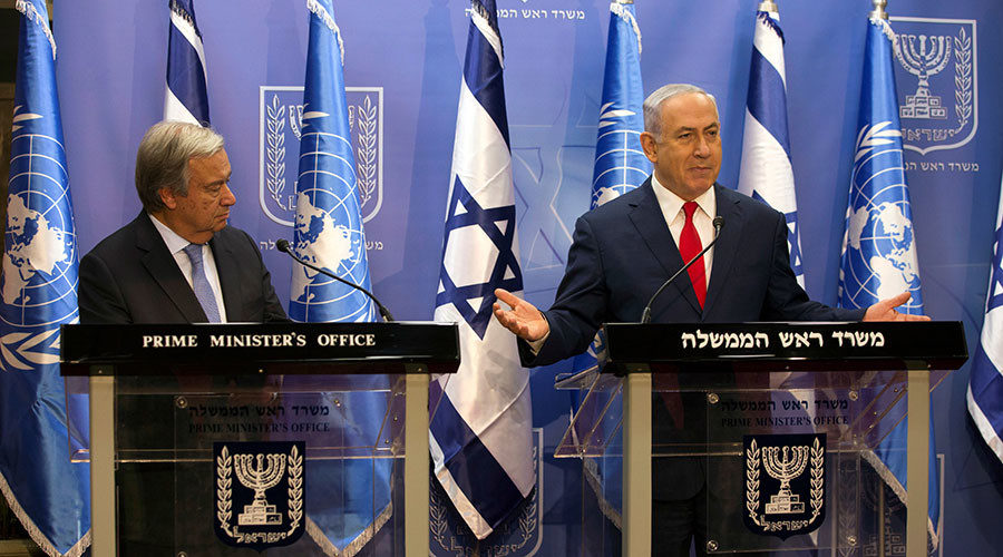 Click to enlarge Israeli Prime Minister Benjamin Netanyahu and UN Secretary General Antonio Guterres in Jerusalem