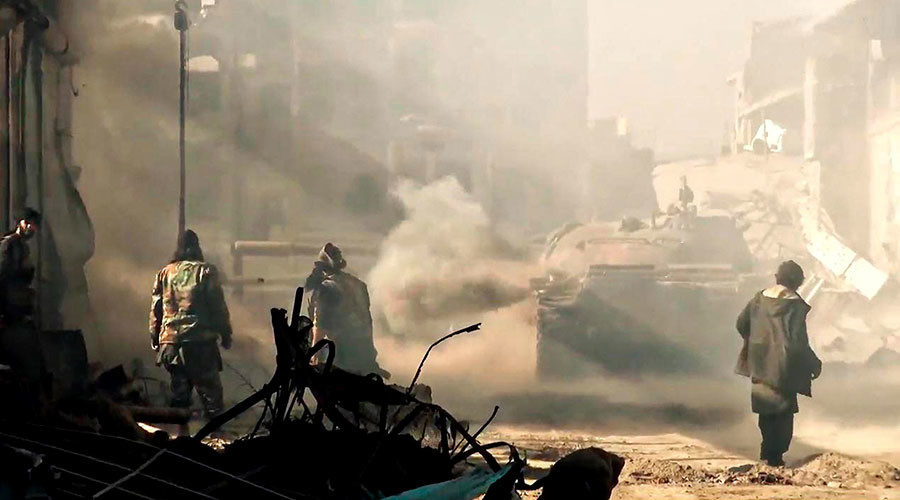 Islamic State video showing militants with a tank