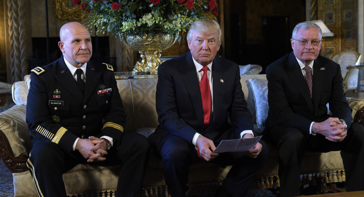Army Lt. Gen. H.R. McMaster, left, President Donald Trump and retired Army Lt. Gen. Keith Kellogg, righ