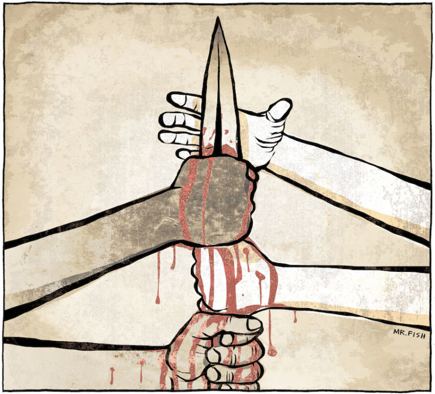 black and white hands sword