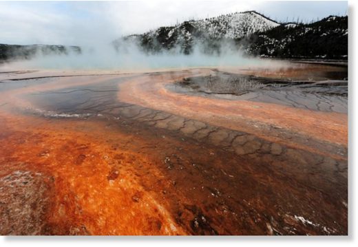 View of the Grand Prismatic hot spring in Yellowstone National Park.