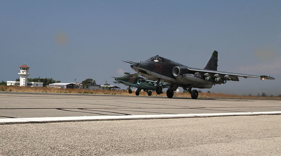 Russian Su-25s take off at the Hmeimim base in Syria