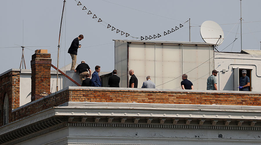 People are seen on the rooftop at the Consulate General of Russia in San Francisco, California