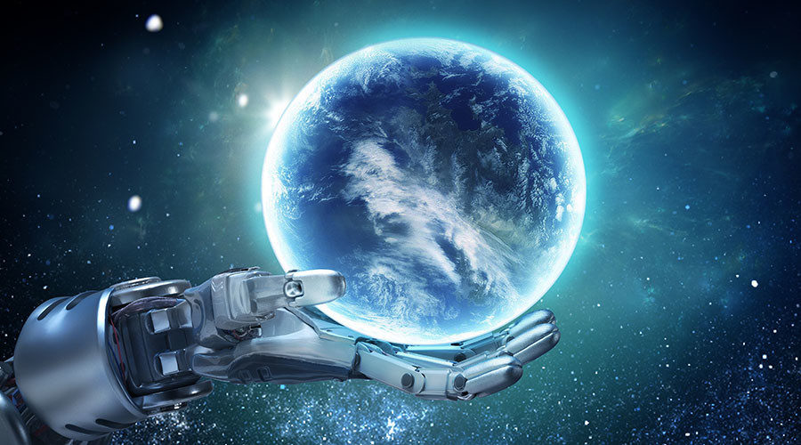 AI hand holding Earth graphic