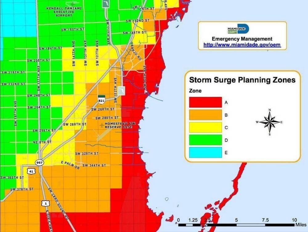 A map of the southernmost storm surge planning zones in Miami-Dade County. 